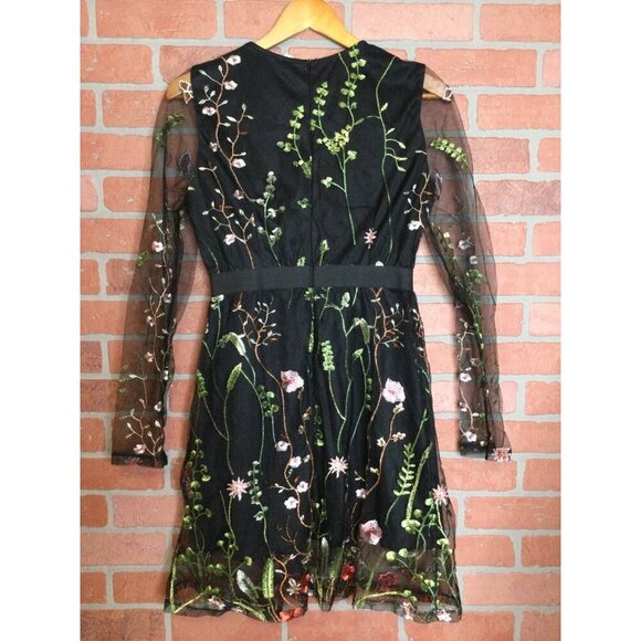 Black Floral Embroidered Dress Size M Long Mesh Sleeves Whimsigoth Fairygrunge - Picture 6 of 13